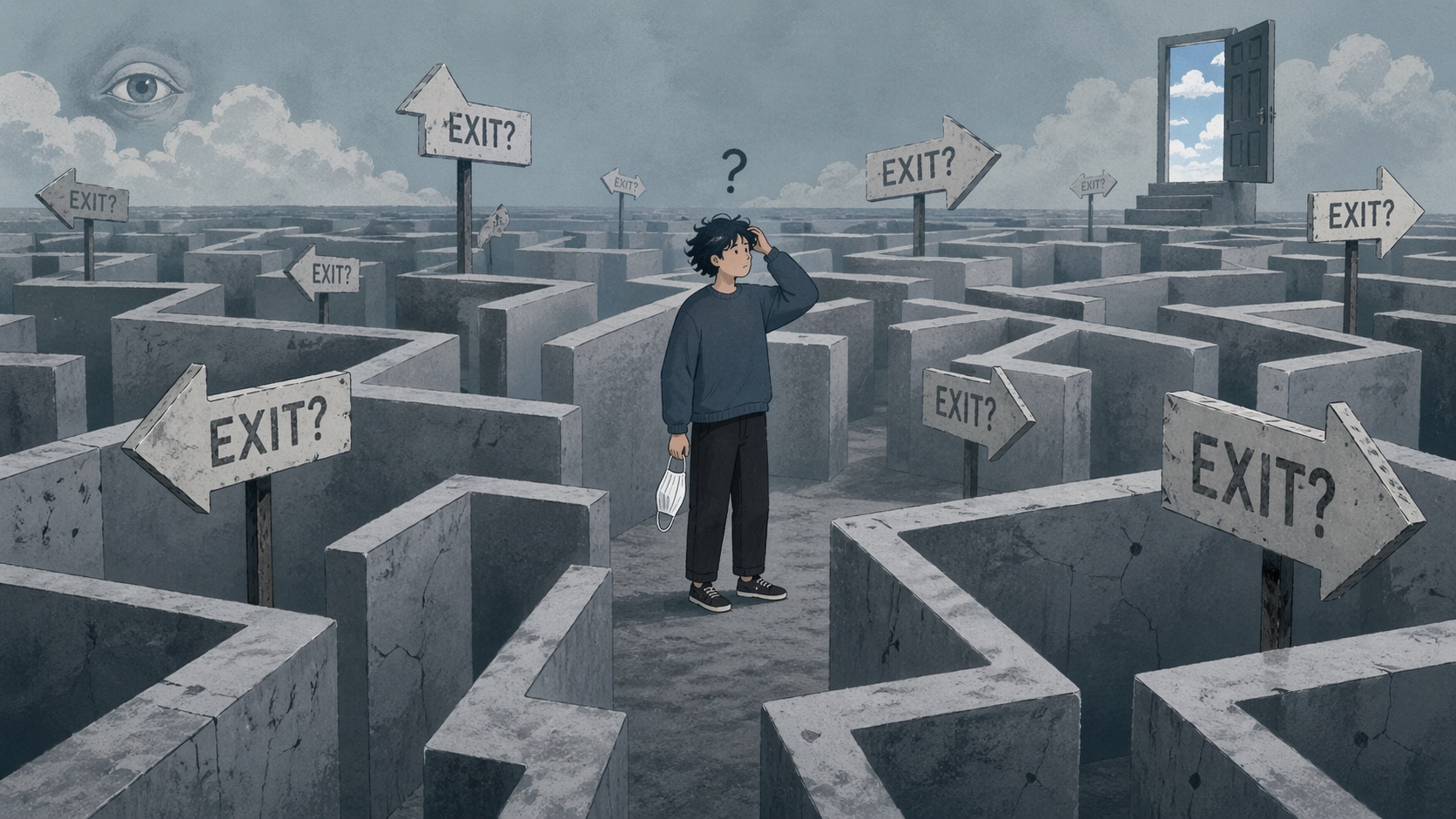 複雑なグレーの迷路の真ん中で、片手にマスクをぶら下げたまま立ち尽くす人物。周囲には「EXIT?」と書かれた矢印看板が四方八方を指しており、出口が見つからない。優柔不断と停滞を表現したフラットなイラスト。
