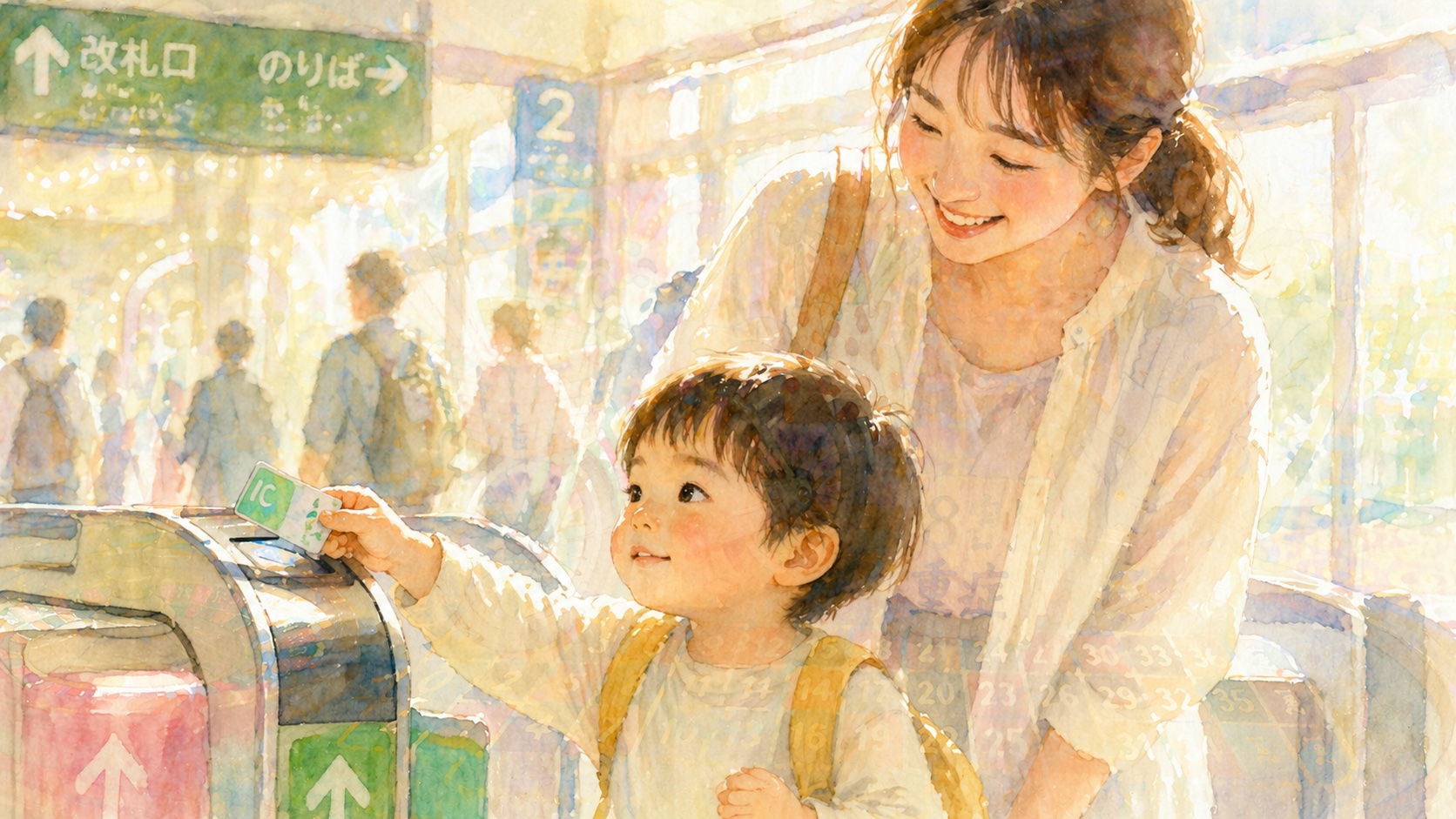 駅の改札でICカードをかざす小さな男の子と、その横で優しく微笑みながら見守る母親の水彩画風イラスト。