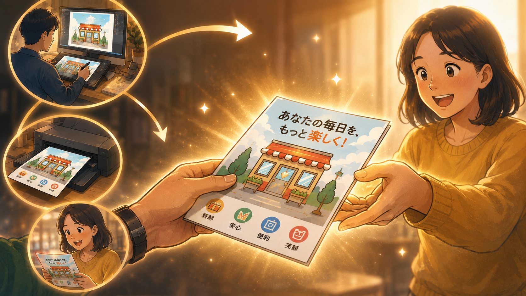 クリエイターの手からユーザーへ、丁寧にデザインされた店舗チラシが手渡される「瞬間」。想像力の積み重ねが信頼という輝きに変わる様子を表現。
