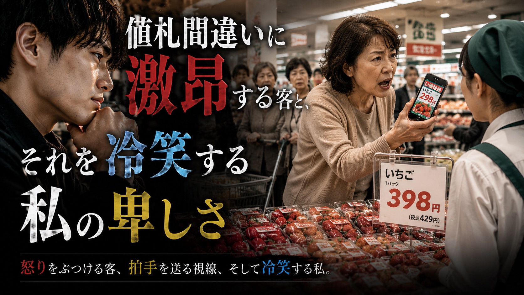 スーパーのいちご売り場で、スマホの特売画面を突き出して店員に詰め寄る女性客と、それを冷ややかに観察する男性のイラスト。
