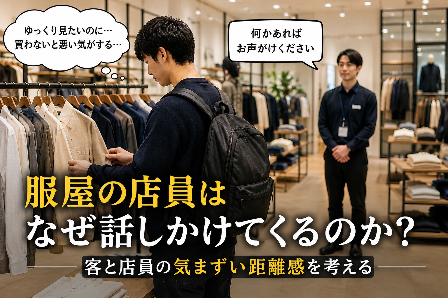 服屋で洋服を選ぶ男性客と接客のタイミングをうかがう店員。アパレル店員が話しかけてくる理由や、客との気まずい距離感を解説する記事のアイキャッチ画像。