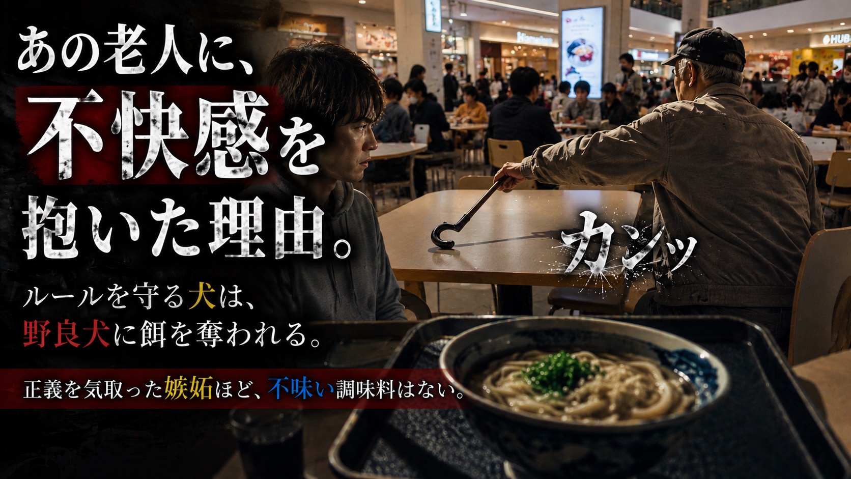 混雑したフードコートで老人がテーブルに杖を横たわらせる姿と、それを見つめる男性、手前のうどん。