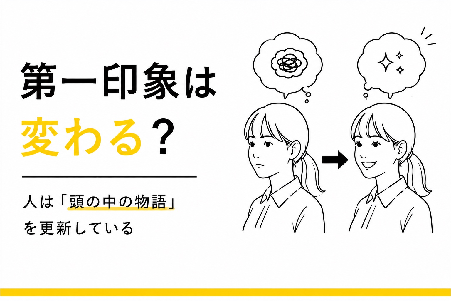 第一印象は変わる？人物の印象が更新される様子をイラストで表現したアイキャッチ画像。人は相手ではなく「頭の中の物語」を更新していることをテーマにしている。